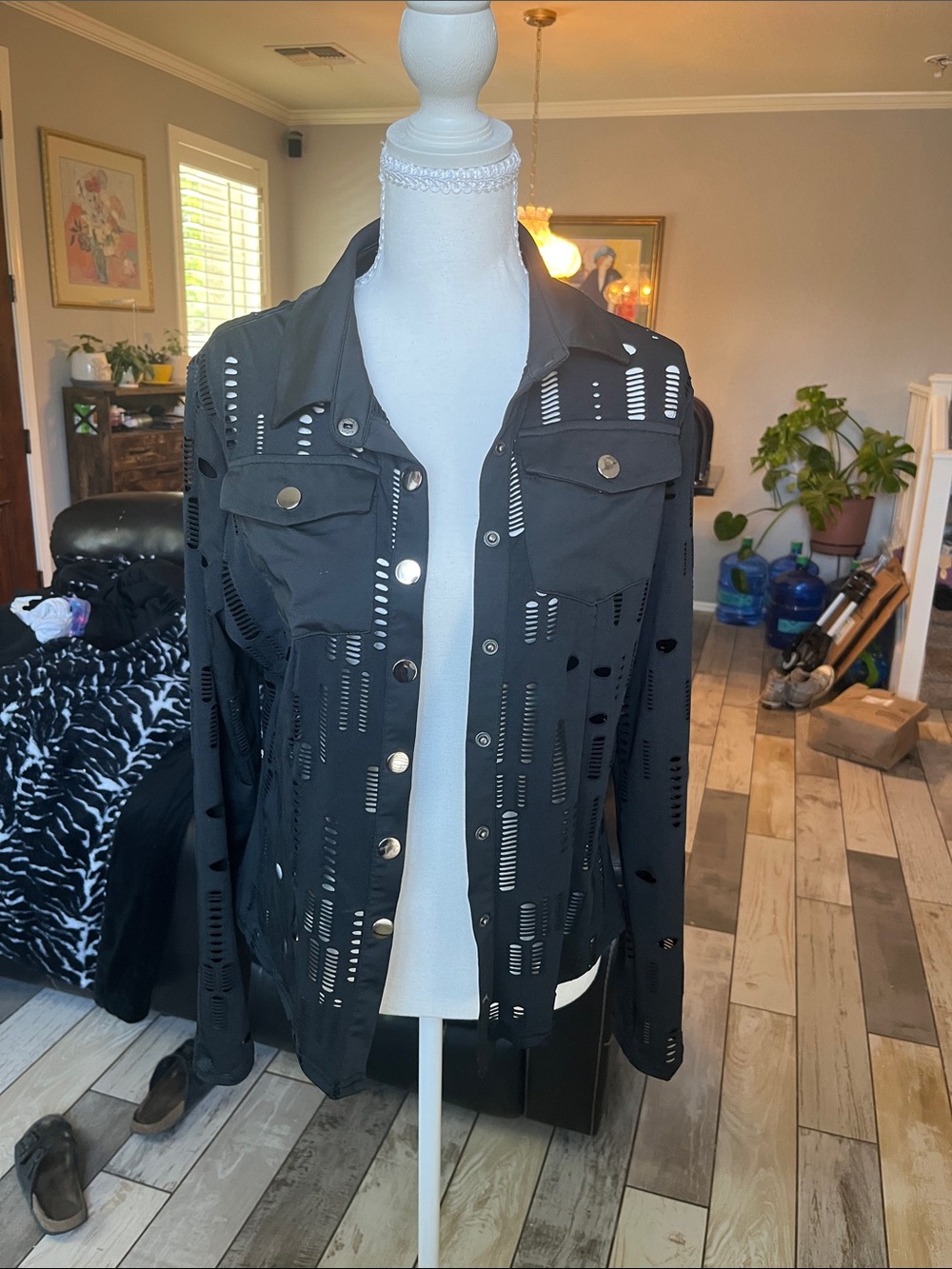 Women's Black Distressed Button-Front Jean Jacket